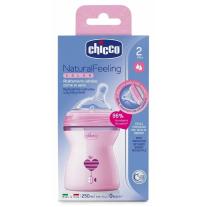 Пластмасово шише за хранене Chicco Natural Feeling 250 мл. със силиконов биберон 2 капки 2 м+ розово