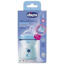 Пластмасово шише за хранене Chicco Natural Feeling 250 мл. със силиконов биберон 2 капки 2 м+ синьо