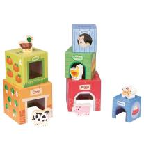 Kартонени кубчета за най-малките, с дървени животни Lelin Toys