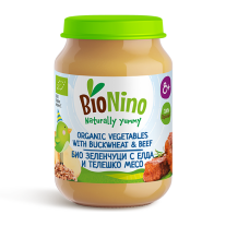 Био пюре BioNino - Зеленчуци с елда и телешко, 8 м+, 190 g