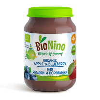 Био плодово пюре BioNino - Ябълки и боровинки, 4 м+, 190 g