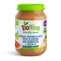 Био пюре BioNino - Зеленчуци с паста и пилешко месо, 8 м+, 190 g