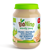Био пюре BioNino - Зеленчуци със сьомга, 6 м+, 190 g