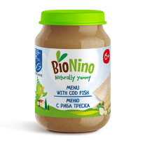 Био пюре BioNino - Риба треска със зеленчуци, 6 м+, 190 g