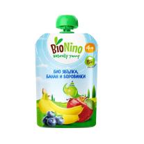 Био плодова закуска BioNino - Пауч с ябълка, банан и боровинки, 4 м+, 90 g