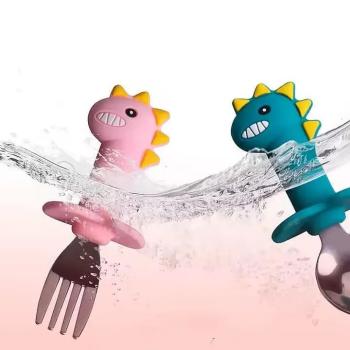 Комплект лъжичка и виличка със силиконова дръжка Babyhome Дино Blue