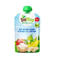 Био плодова закуска BioNino - Пауч с ябълка, банан и ягоди със сметана, 6 м+, 90 g