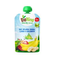 Био плодова закуска BioNino - Пауч с ябълки, банан, сливи и бисквити, 6 м+, 90 g