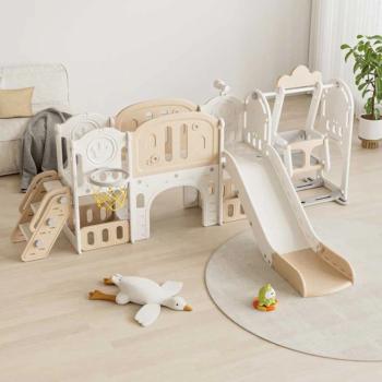 Детски приключенски център за игра 11 в 1 с пързалка, катерушка, люлка и баскетболен кош Feelkids