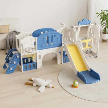 Детски приключенски център за игра Feelkids 11 в 1 с пързалка, катерушка, люлка и баскет кош - син