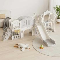 Детски приключенски център за игра 11 в 1 с пързалка, катерушка, люлка и баскет кош Feelkids