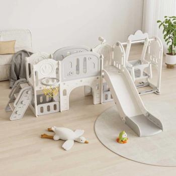 Детски приключенски център за игра 11 в 1 с пързалка, катерушка, люлка и баскет кош Feelkids