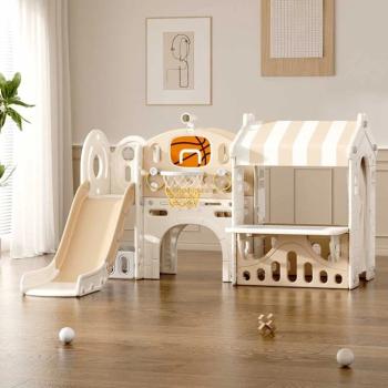 Детски център за игра Feelkids с пързалка, къща и баскетболен кош, кафяв