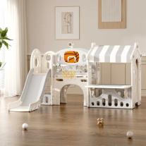 Детски център за игра Feelkids с пързалка, къща и баскетболен кош, сив