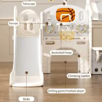 Детски център за игра Feelkids с пързалка, къща и баскетболен кош, сив