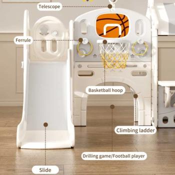 Детски център за игра Feelkids с пързалка, къща и баскетболен кош, сив