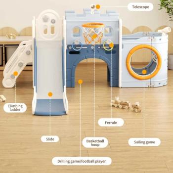 Мултифункционален детски център Кораб с пързалка, тунел и баскетболен кош Feelkids син