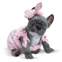 Бебе сив френски булдог Лили Asi, с розов кариран гащеризон и панделка