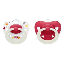 Силиконови залъгалки NUK - Signature Night, за момиче, 0-6 м, 2 броя + кутийка