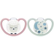 Силиконови залъгалки NUK - Space Night, Овца, 18 м+, 2 броя + кутийка