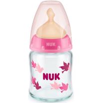 Стъклено шише с каучуков биберон Nuk - First Choice, TC, 120 ml, розово