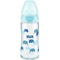 Стъклено шише със силиконов биберон Nuk - First Choice, TC, 240 ml, синьо