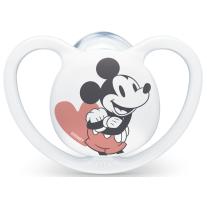 Силиконова залъгалка Nuk - Space Mickey, 18-36 m, бяла, с кутийка