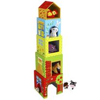 Ферма от картонени кубчета, с дървени животни Tooky Toy