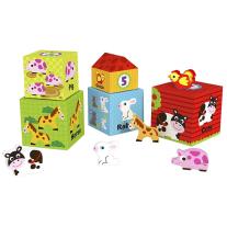 Ферма от картонени кубчета, с дървени животни Tooky Toy