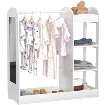 Детска дървена стойка за дрехи с огледало Ginger Home С рафтове и закачалки бяла