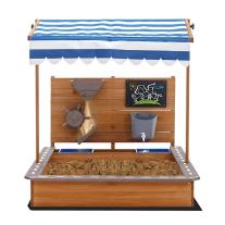 Детски Дървен Пясъчник GINGER HOME с Регулируем Покрив – с Пясъчна Мелница, Писта за Колички и Аксесоари