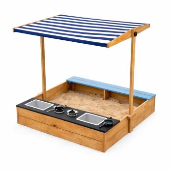 Детски Дървен Пясъчник с Пейка и Подвижен Покрив GINGER HOME – С Кухня и Аксесоари, Играчка за Открито