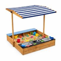 Детски Дървен Пясъчник с Пейка и Подвижен Покрив GINGER HOME – С Кухня и Аксесоари, Играчка за Открито