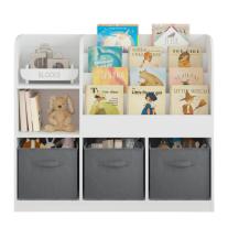 Детски Органайзер GINGER HOME, Етажерка с Рафтове за Играчки и Книги, 3 Текстилни Кутии, Дървен, Бял, Монтесори, 92x30x80 см