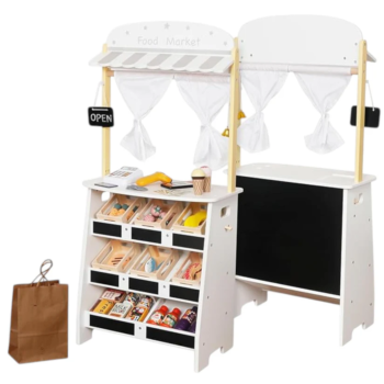 Дървен Детски Магазин и Театър 2 в 1 GINGER HOME, за Ролеви Игри, с Каса, POS Терминал и Скенер със Звук, Играчки и Аксесоари