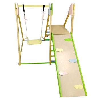 Детски дървен комплект 4 в 1 с люлка, пързалка, катерушка и рампа за катерене Ginger Home