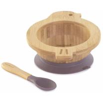 Комплект дървена купичка с вакуум и лъжичка Miniland - Eco Friendly, Птичка