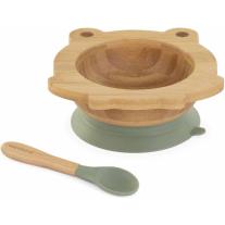 Комплект дървена купичка с вакуум и лъжичка Miniland - Eco Friendly, Жабка