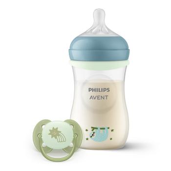 Комплект шише Philips Avent Natural Response 3.0 с биберон среден поток, 260 мл + залъгалка Ultra Soft 0-6м. Светещи