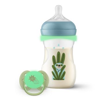 Комплект шише Philips Avent Natural Response 3.0 с биберон среден поток, 260 мл + залъгалка Ultra Soft 0-6м. Светещи
