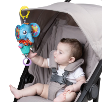 Висяща музикална играчка PlayGro Слонче с удобна халка за закачване на детската количка и ринг за активиране на мелодията