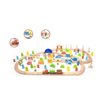 Classic World - Дървено влакче с релси и аксесоари - 110 части