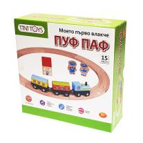 Tini Toys Детско дървено влакче с релси, ПУФ-ПАФ