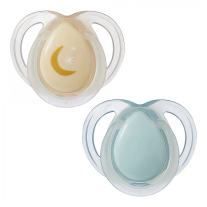 Ортодонтични залъгалки Tommee Tippee NIGHT TIME, 0-6м, оранжева и зелена с декор луна, в кутия за стерилизиране