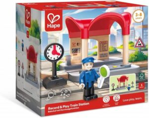 Детски комплект за игра Hape, Интерактивна ЖП гара, 5 части