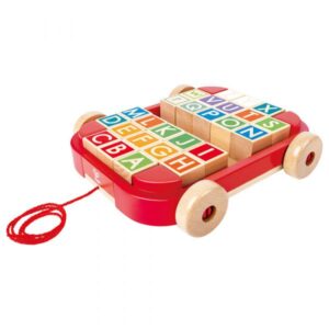 Дървена играчка, Hape, Ремарке за дърпане с дървени кубчета, 21 x 21 x 5.6 см