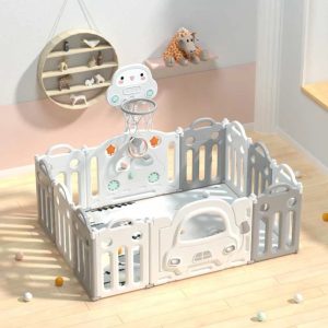 Бебешка ограда с баскетболен кош и табло с активности Feelkids Сива кола