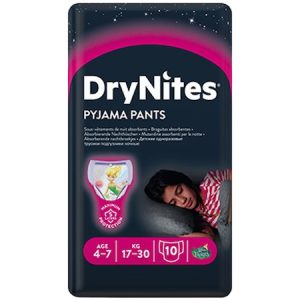 Huggies НОЩНИ ПЕЛЕНИ ГАЩИЧКИ DRYNITES, 4-7 ГОДИНИ МОМИЧЕ, 17-30 КГ, 10 БРОЯ
