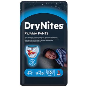 Huggies НОЩНИ ПЕЛЕНИ ГАЩИЧКИ DRYNITES, 4-7 ГОДИНИ МОМЧЕ, 17-30 КГ, 10 БРОЯ