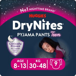 Huggies НОЩНИ ПЕЛЕНИ ГАЩИЧКИ DRYNITES, 8-13 ГОДИНИ МОМИЧЕ, 30-48 КГ, 9 БРОЯ